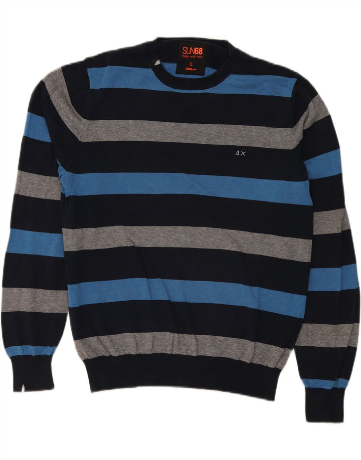 Sun68 Pull col rond pour homme en coton à rayures bleues