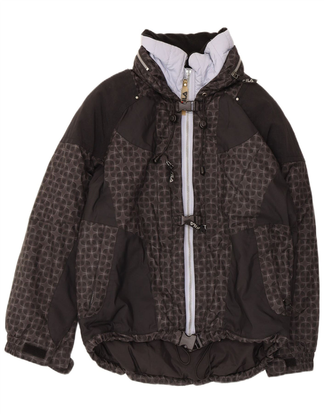 FILA Veste de ski à capuche surdimensionnée pour femme US 6 Medium Noir Géométrique