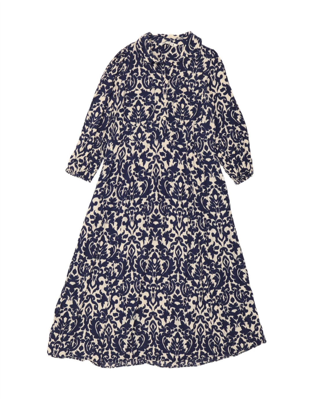 Zara Robe Maxi Femme UK 12 Bleu Moyen Ikat Viscose