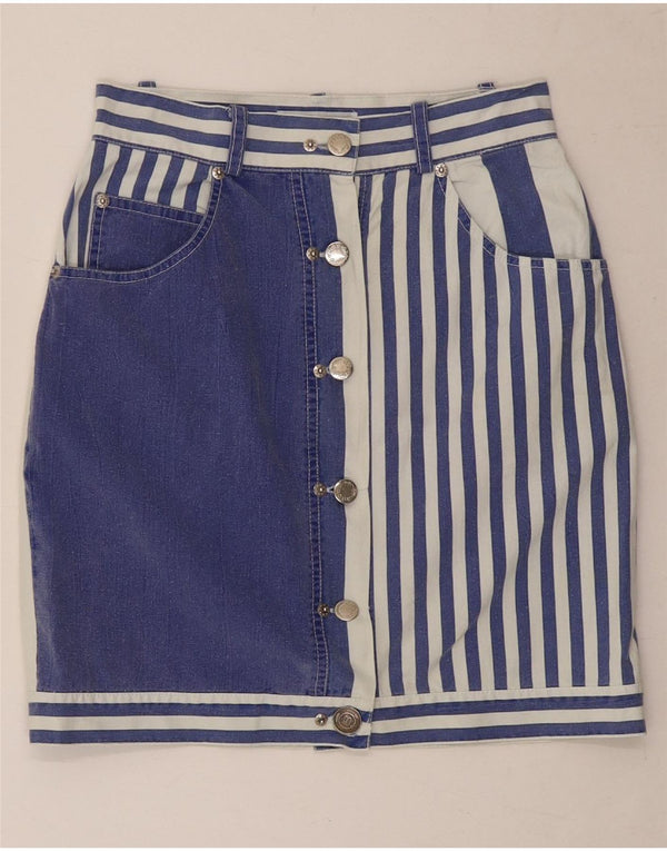 vintage Femmes Mini Jupe Crayon UK 8 Petit W26 Bleu Marine Rayé Coton