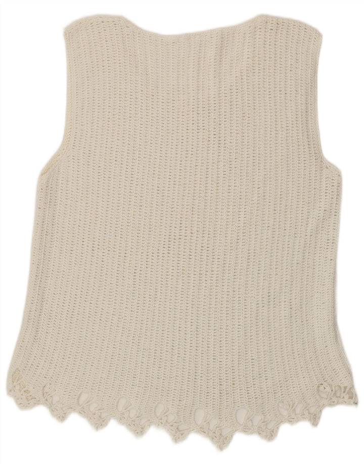 VINTAGE Femmes Crochet Gilet Débardeur EU 46 XL Ramie Blanche