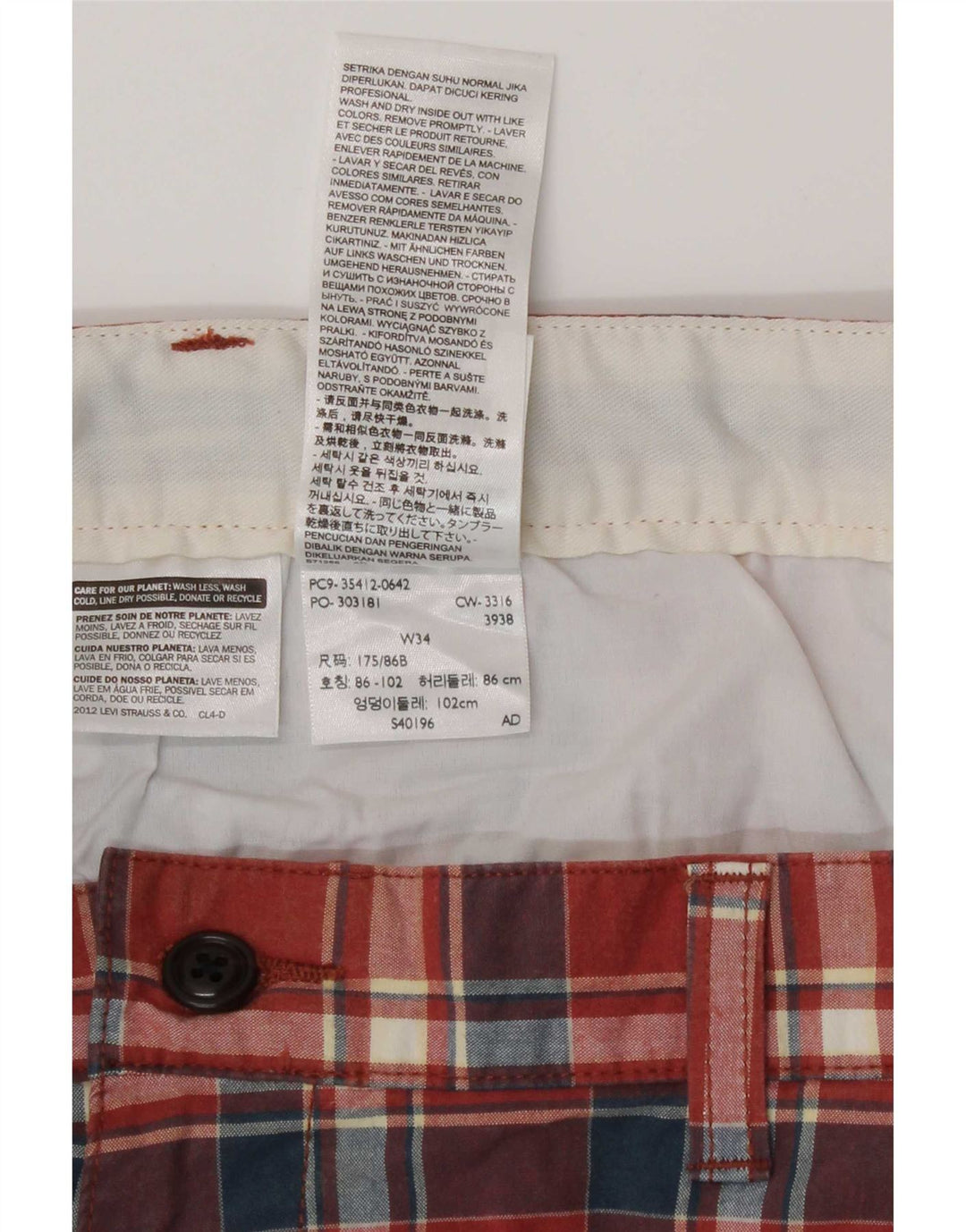 Dockers Short Chino Homme W34 Grand Carreau Rouge Coton