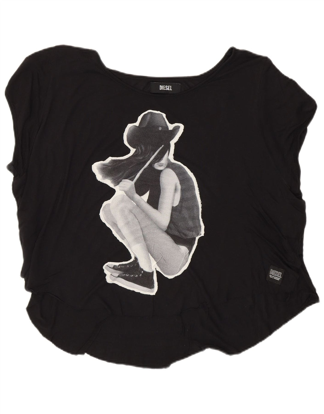 Diesel T-Shirt Graphique Femme UK 16 Large Noir Viscose