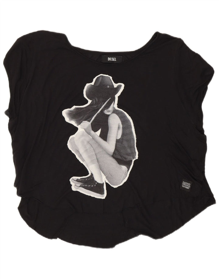 Diesel T-Shirt Graphique Femme UK 16 Large Noir Viscose
