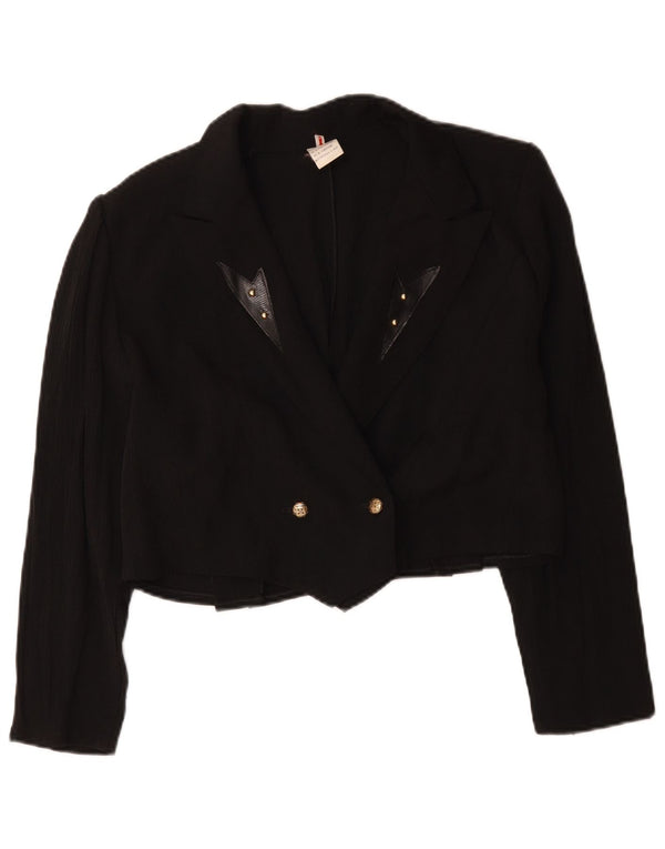 vintage Femmes Crop Double Breasted Blazer Veste UK 16 Grand Noir