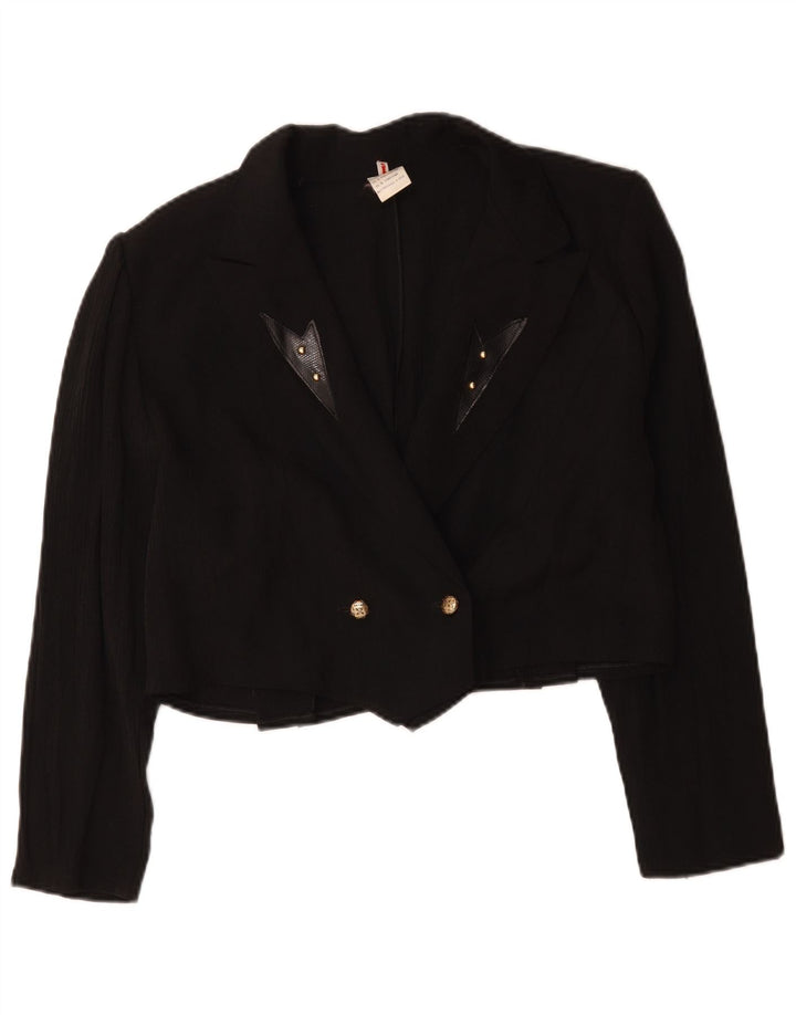 vintage Femmes Crop Double Breasted Blazer Veste UK 16 Grand Noir