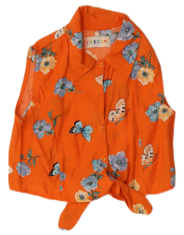 vintage Womens Crop Chemise sans manches Blouse IT 38 XS Orange Floral