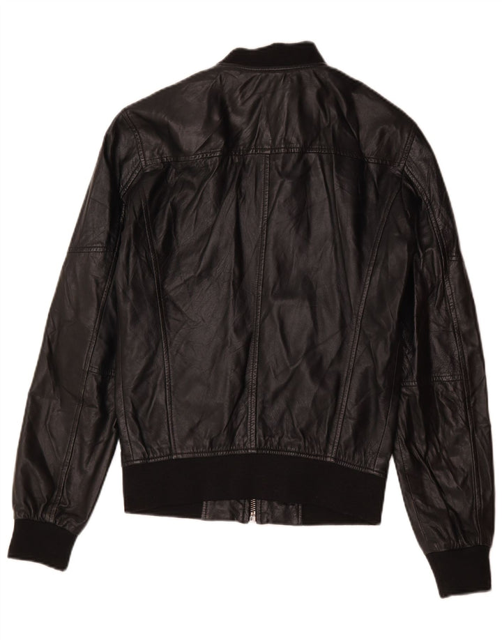 Zara Veste Bomber En Cuir Femme UK 10 Petit Cuir Noir