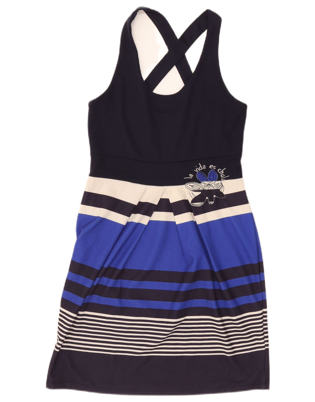 Desigual Robe d'été graphique pour femme UK 12 Polyester rayé bleu marine moyen