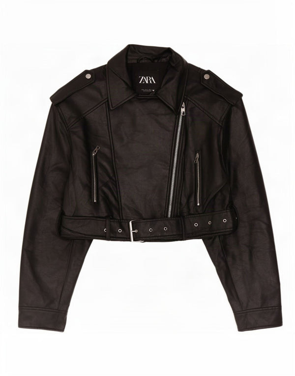 Zara Veste de motard courte en similicuir pour femme UK 18 XL Noir Polyester