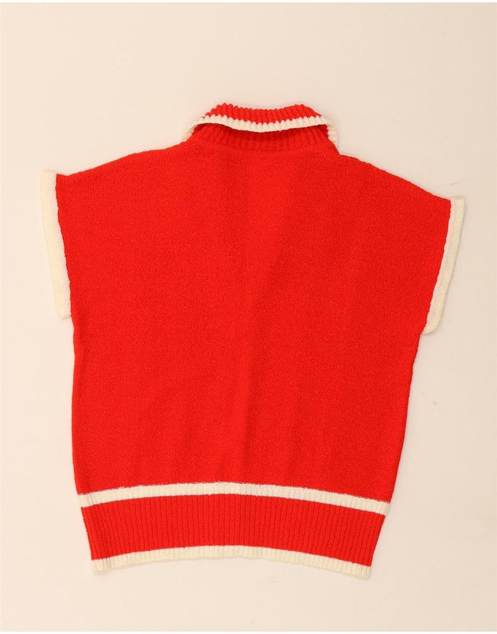 VINTAGE Femmes Crop Sans Manches Cardigan Pull UK 14 Moyen Rouge Rayé