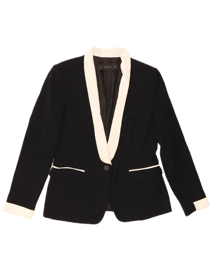 Zara Womens 1 Button Blazer Jacket UK 10 Petit Noir Colorblock Polyester
