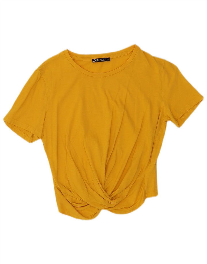 Zara Womens Crop Blouse Top UK 12 Coton Jaune Moyen