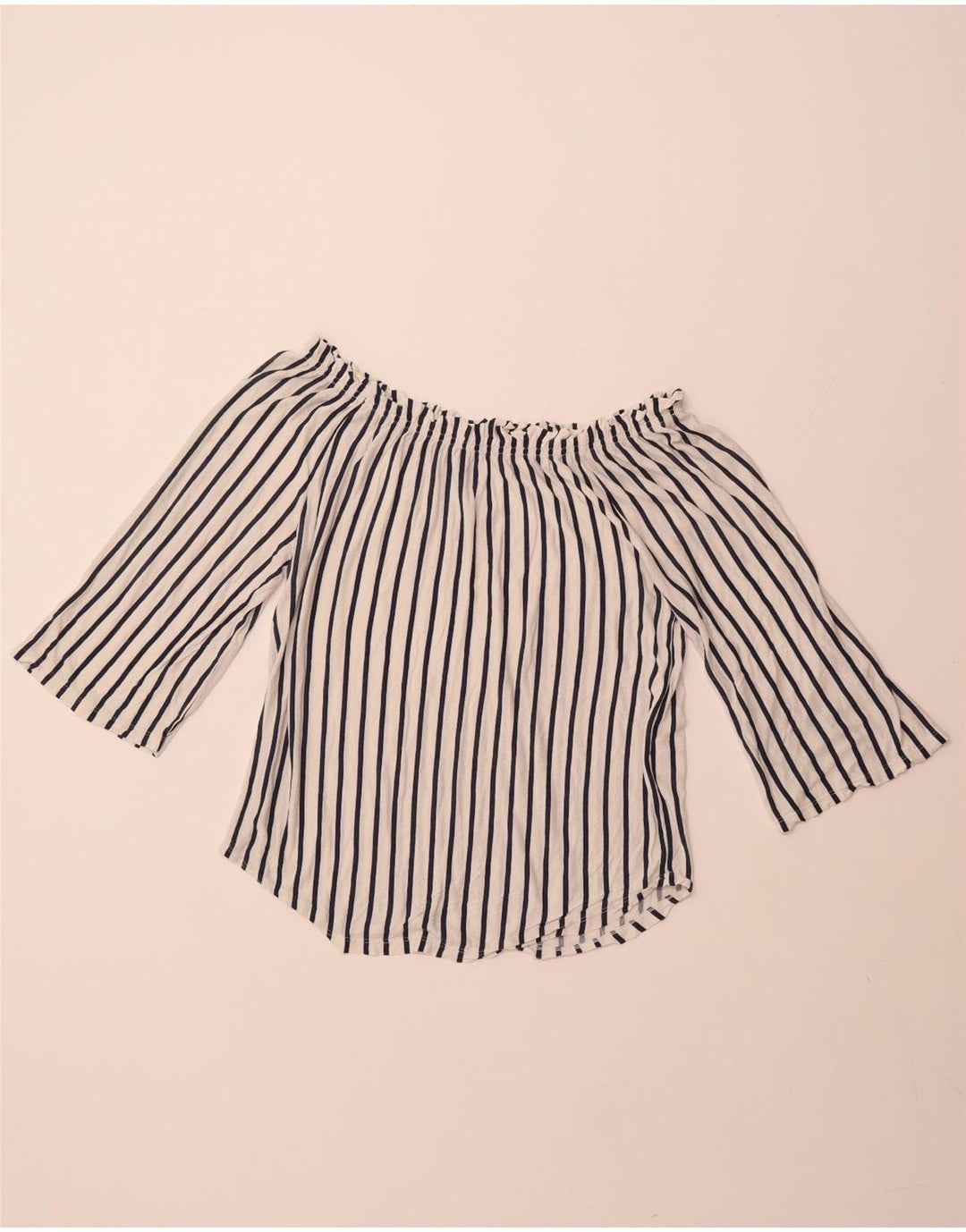 BENETTON Haut à manches 3/4 pour femme, épaules dénudées, UK 14, rayé blanc moyen