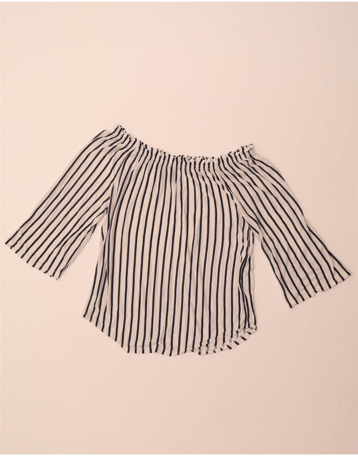 BENETTON Haut à manches 3/4 pour femme, épaules dénudées, UK 14, rayé blanc moyen