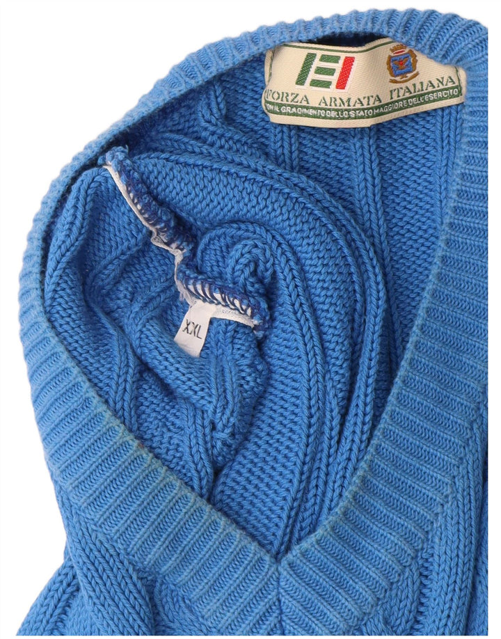 vintage Homme Col V Pull Pull 2XL Bleu Coton