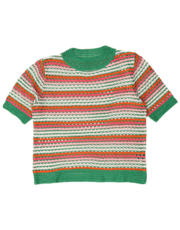 vintage Womens Crew Neck Jumper Sweater UK 16 Grand Rayé Multicolore