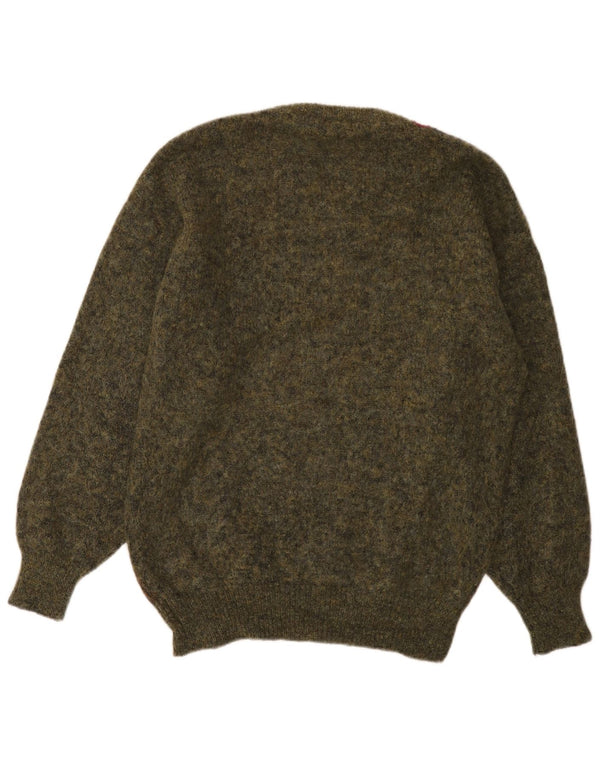 vintage Mens Crew Neck Jumper Pull Moyen Kaki Argyle/Diamant