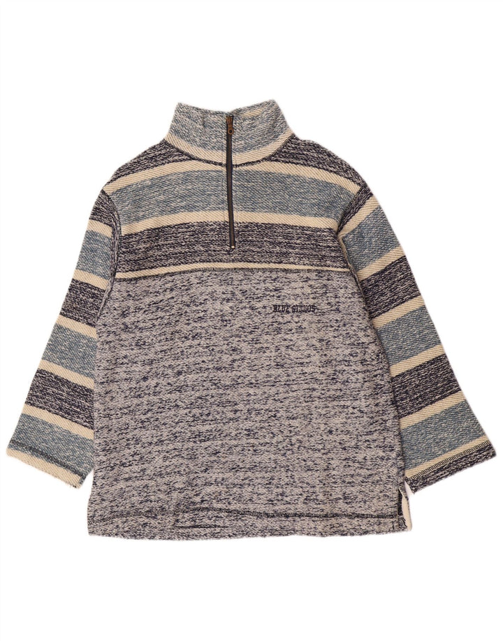vintage Mens 1/4 Zip Sweatshirt Jumper Bleu Moyen Rayé Rétro