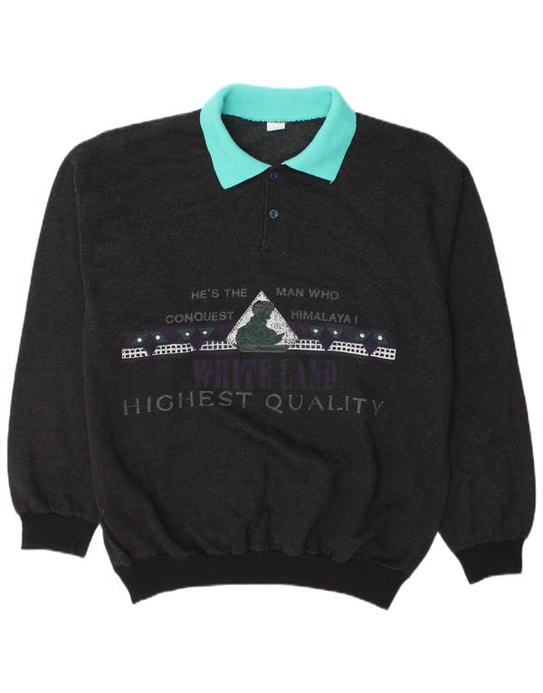 VINTAGE Pull graphique à col polo pour homme XL en coton color block noir