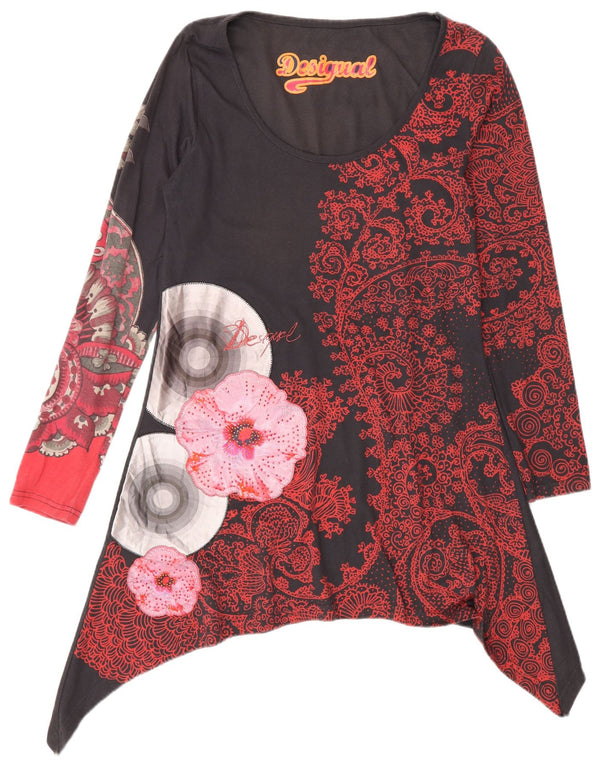 Desigual Tunique Asymétrique à Manches Longues pour Femme UK 12 Gris Moyen Floral