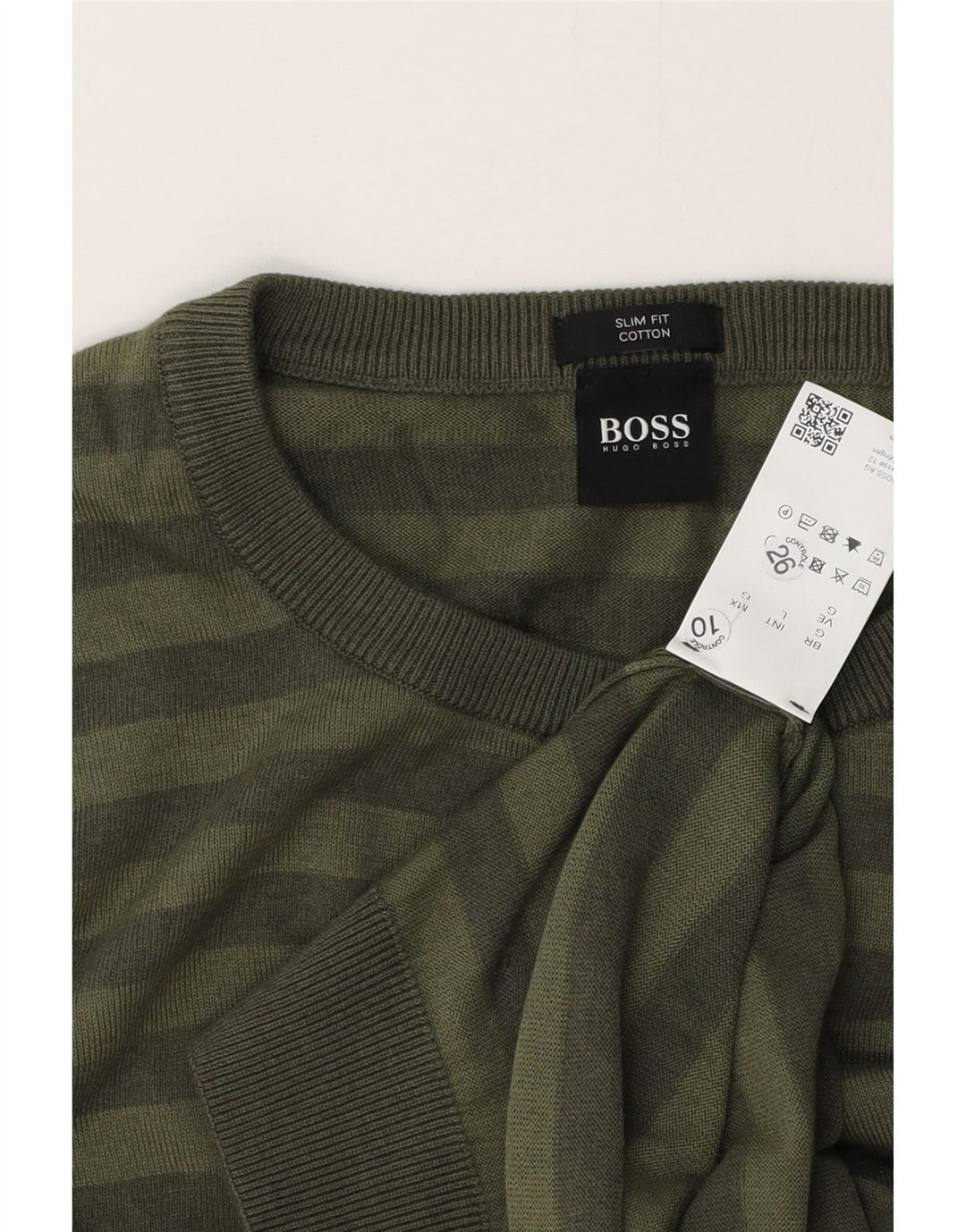 HUGO BOSS Hommes Slim Fit Crew Neck Jumper Pull Grand Vert Rayé