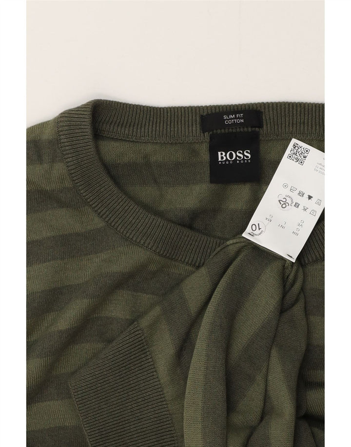 HUGO BOSS Hommes Slim Fit Crew Neck Jumper Pull Grand Vert Rayé