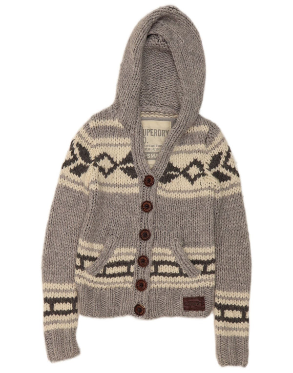 Superdry Femme Cardigan À Capuche Pull UK 6 XS Gris Géométrique Acrylique