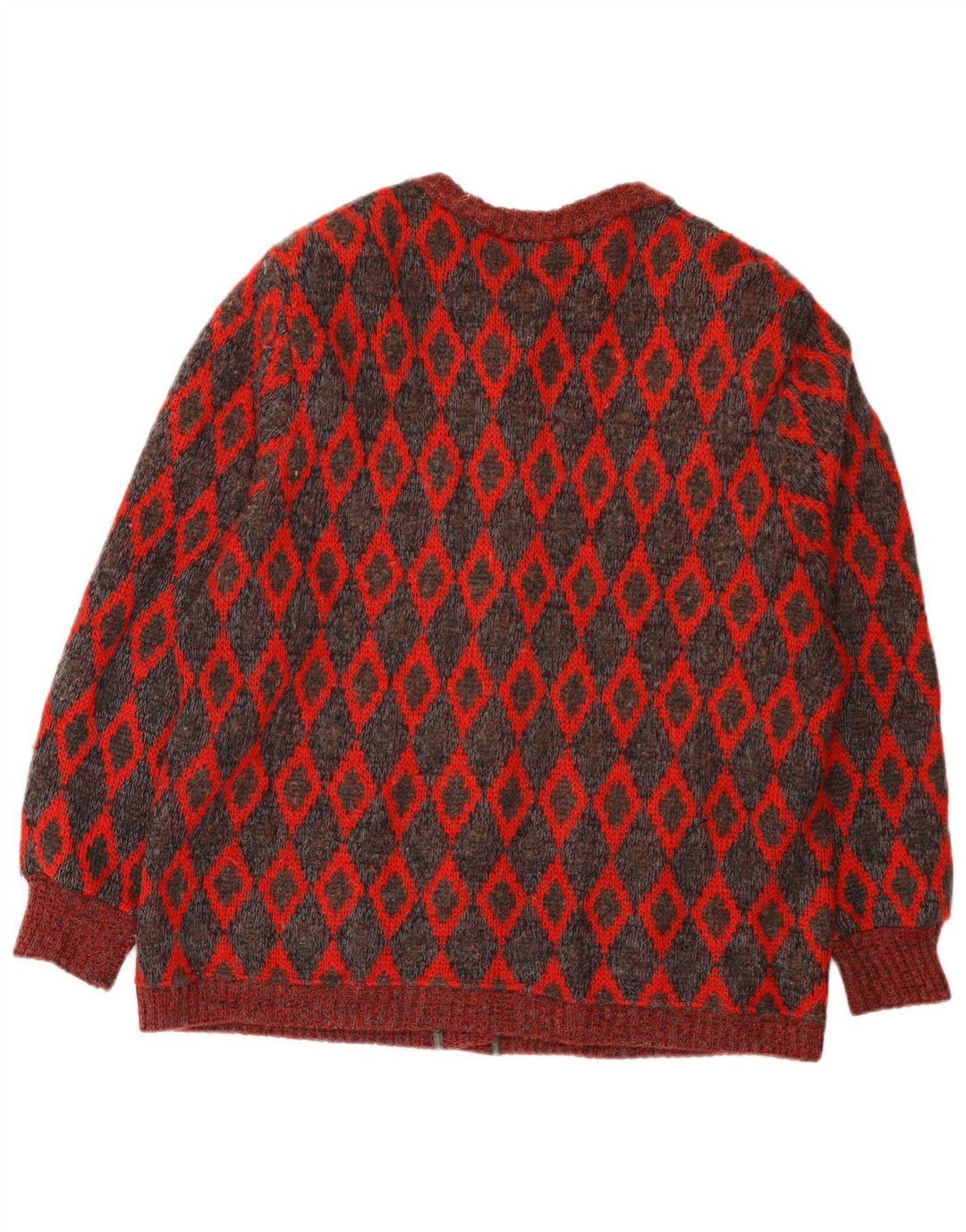 VINTAGE Femme Pull Cardigan Oversize UK 16 Grande Laine Géométrique Rouge