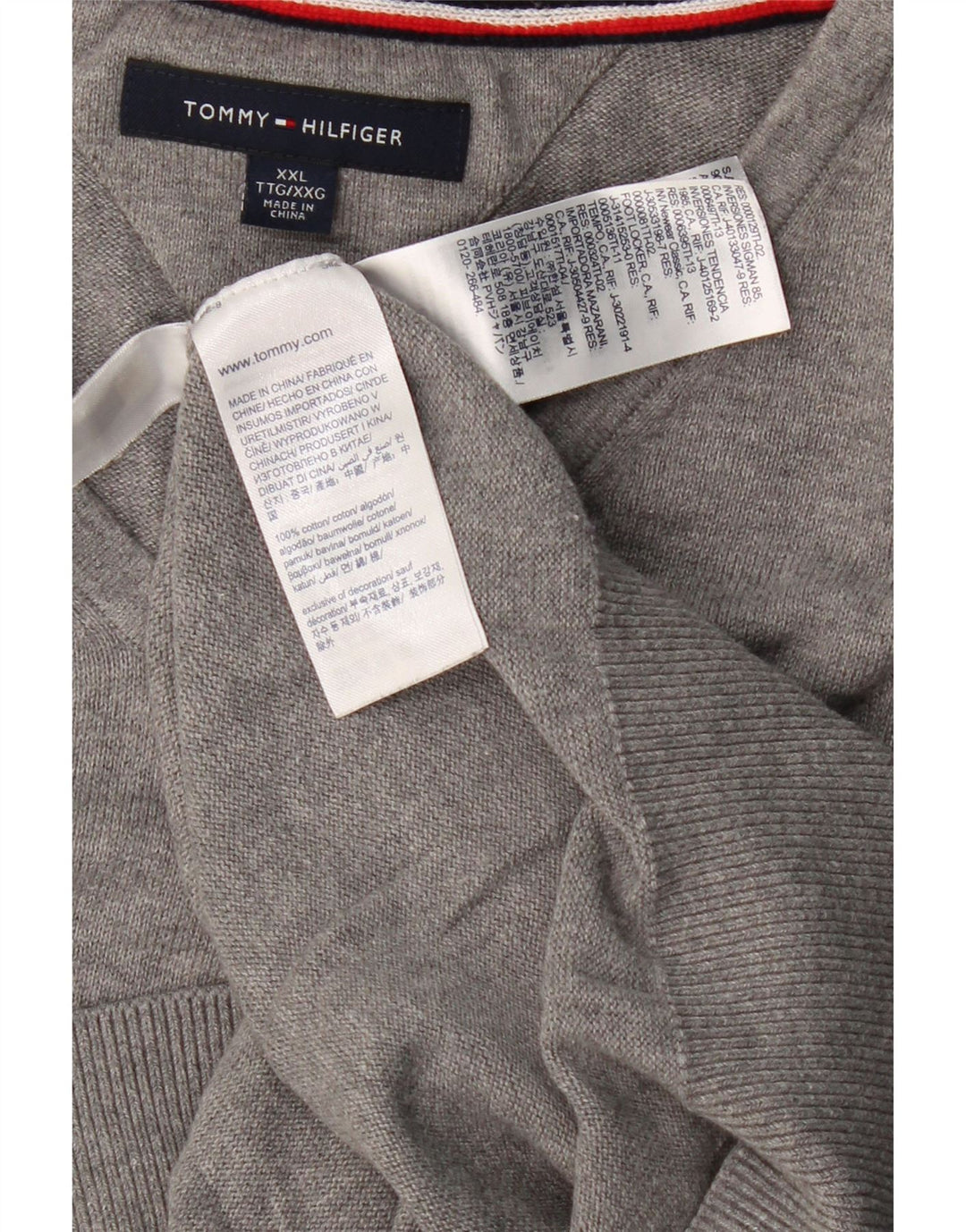 TOMMY HILFIGER Pull col V pour homme 2XL Gris Coton