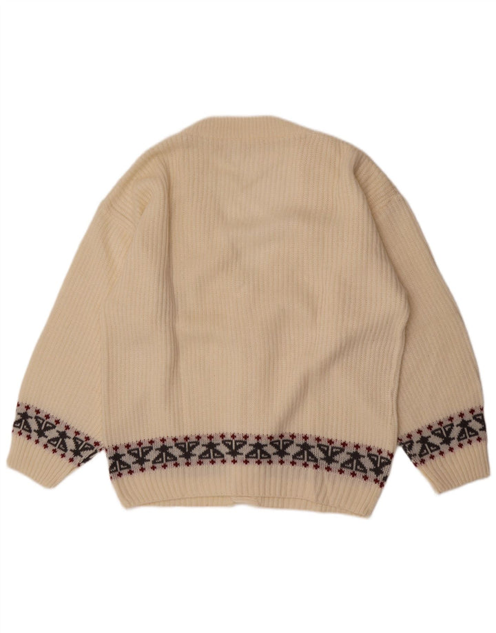 vintage Mens Cardigan Pull Moyen Blanc Fair Isle