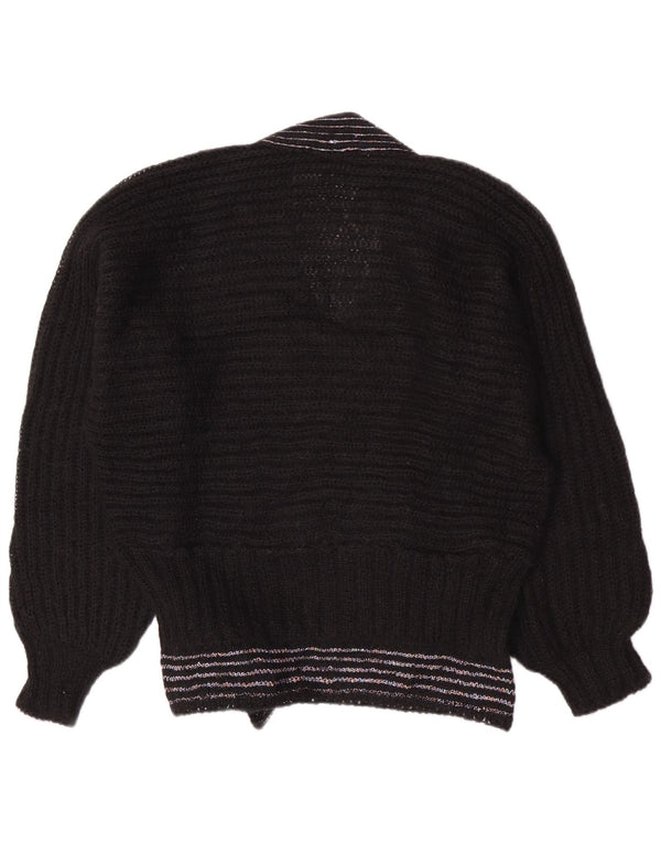 vintage Femmes V-Col Jumper Pull UK 14 Moyen Noir Rayé Rétro