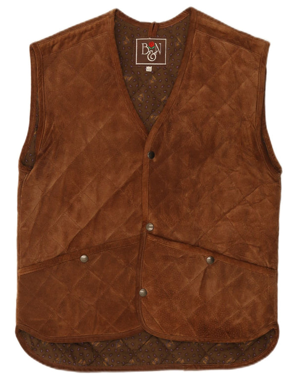 vintage Mens Daim Matelassé Gilet UK 34 XS Cuir Marron