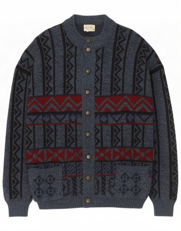 Vintage Mens Cardigan Sweater 2XL Bleu Géométrique Laine