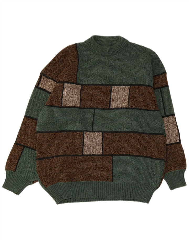 vintage Mens Turtle Neck Jumper Pull Vert Moyen Colorblock