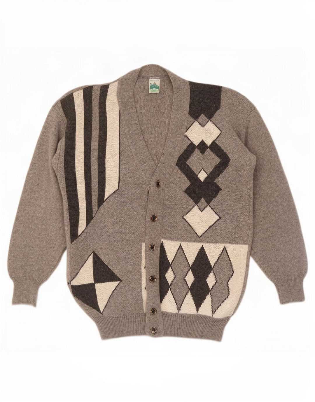 Shetland Pull Cardigan Homme Gris Moyen Laine Géométrique