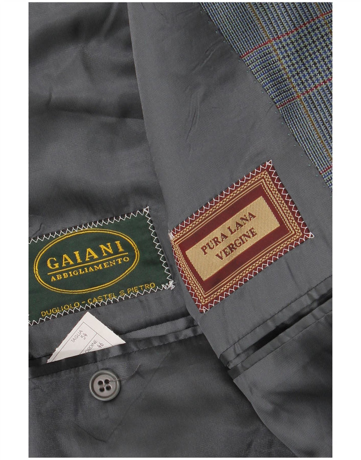 vintage Homme 2 Bouton Blazer Veste IT 54 2XL Bleu Pied-de-poule Laine Vierge