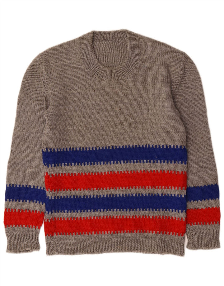 vintage Womens Crew Neck Jumper Pull UK 14 Moyen Gris Rayé