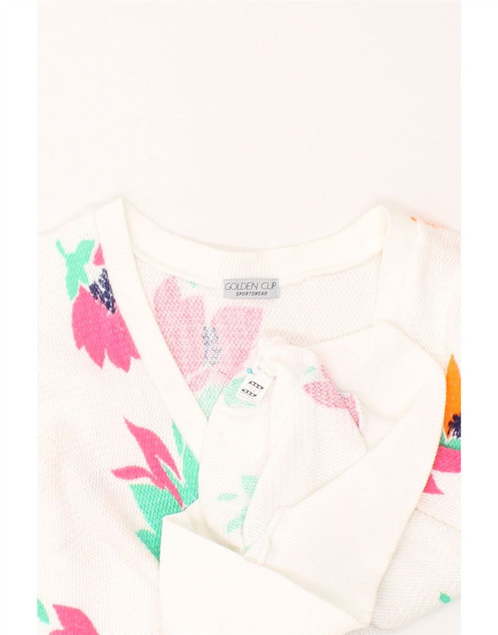 GOLDEN CUP Womens V-Neck Jumper Sweater EU 38 Medium White Floral Vintage Golden Cup and Second-Hand Golden Cup from Messina Hembry 