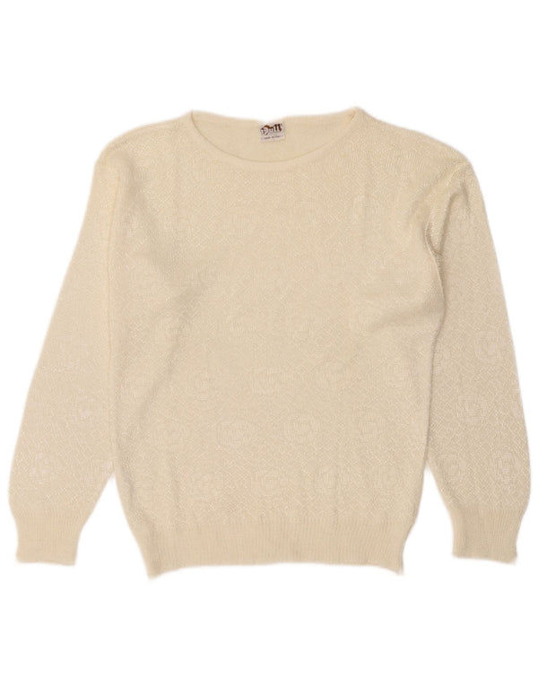 vintage Womens Boat Neck Jumper Pull UK 12 Moyen Blanc Acrylique
