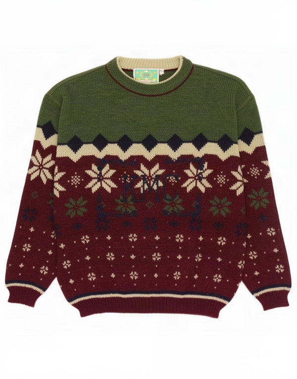 vintage Mens Crew Neck Jumper Pull XL Vert Fair Isle Laine