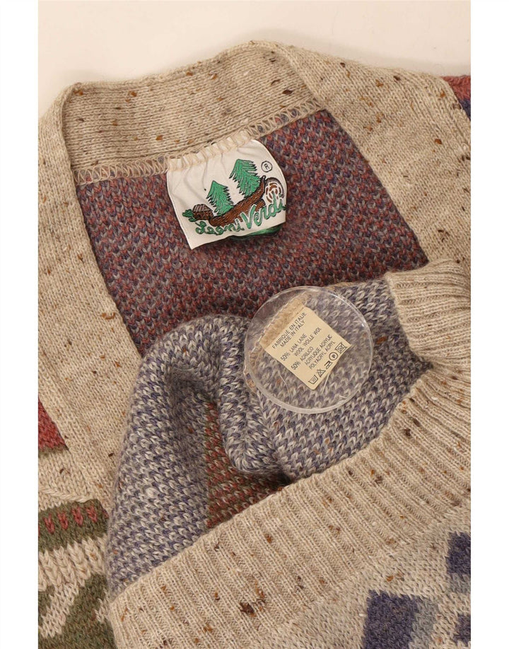 vintage Mens Cardigan Sweater Grande laine géométrique multicolore