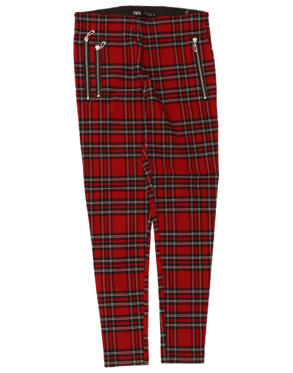 Zara Pantalon décontracté slim pour femme Medium W28 L26 Viscose à carreaux rouge