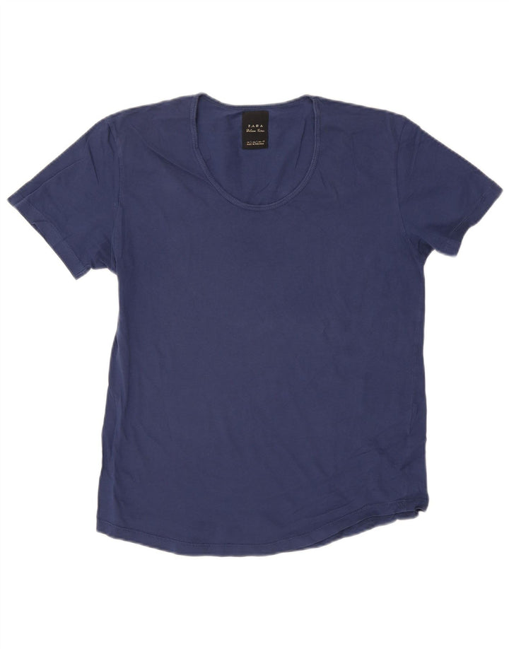 ZARA Femme T-Shirt Top UK 14 Large Bleu Marine Coton