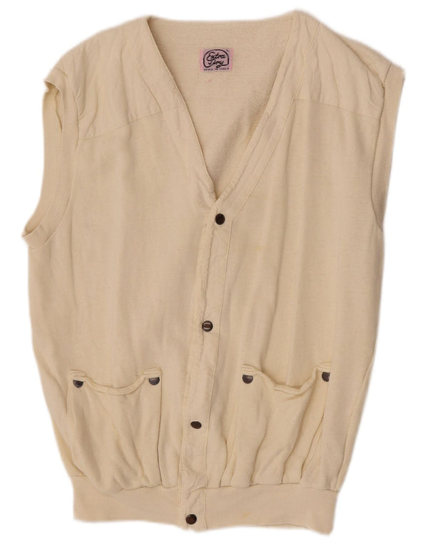 vintage Mens Cardigan sans manches Pull Grand Coton Blanc Cassé