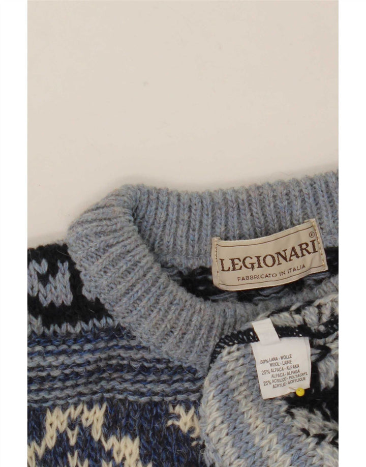 vintage Mens Crew Neck Jumper Pull IT 48 Bleu Moyen Fair Isle Laine