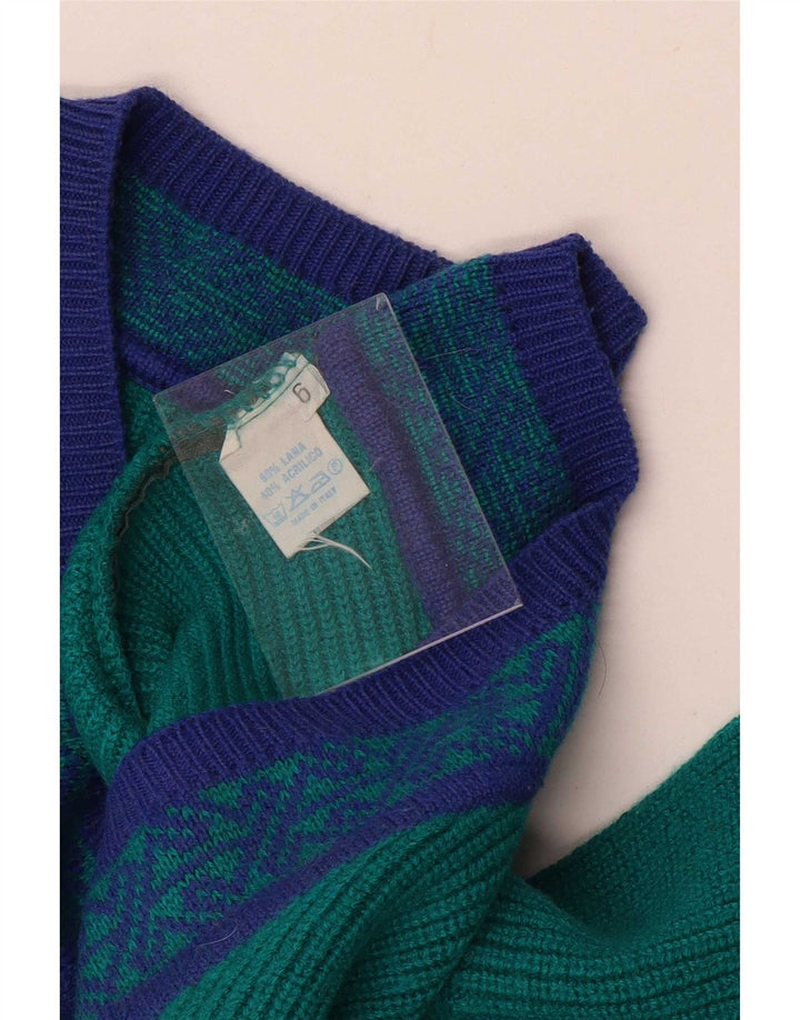 vintage Mens V-Col Jumper Pull Grande Laine Géométrique Verte