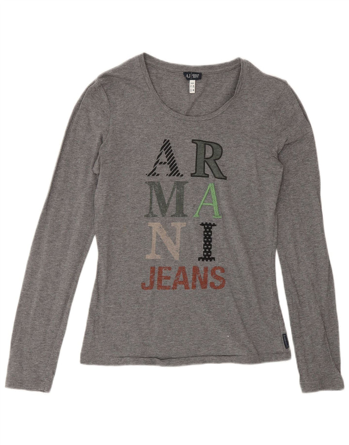 Armani Jeans Haut graphique à manches longues pour femme UK 12 Gris moyen Coton