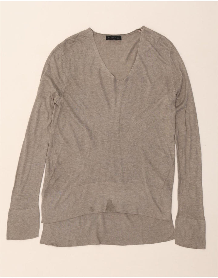 ZARA Pull col en V pour femme UK 10 Petit Gris