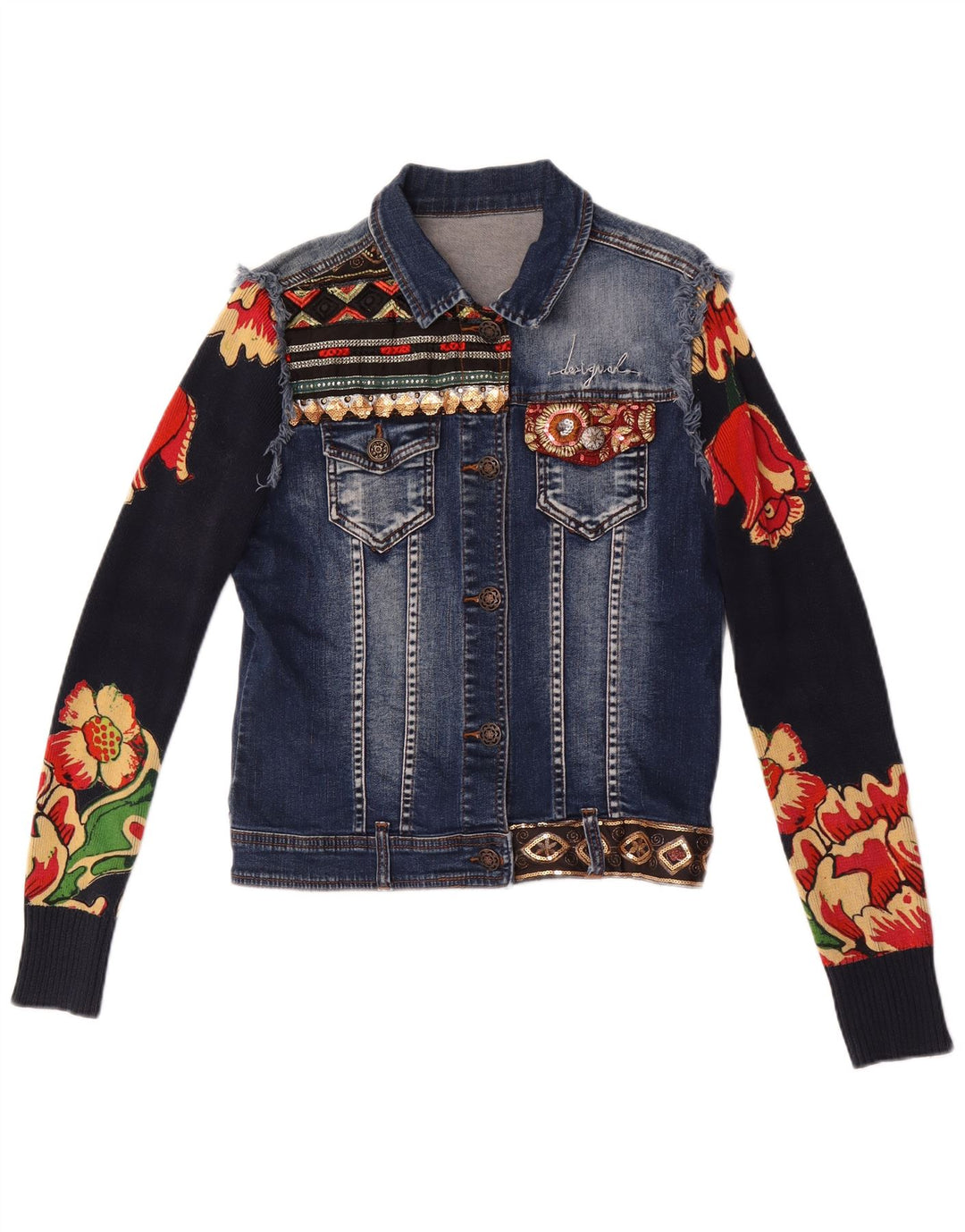 Desigual Veste en jean graphique pour femme EU 38 Bleu marine moyen en coton floral